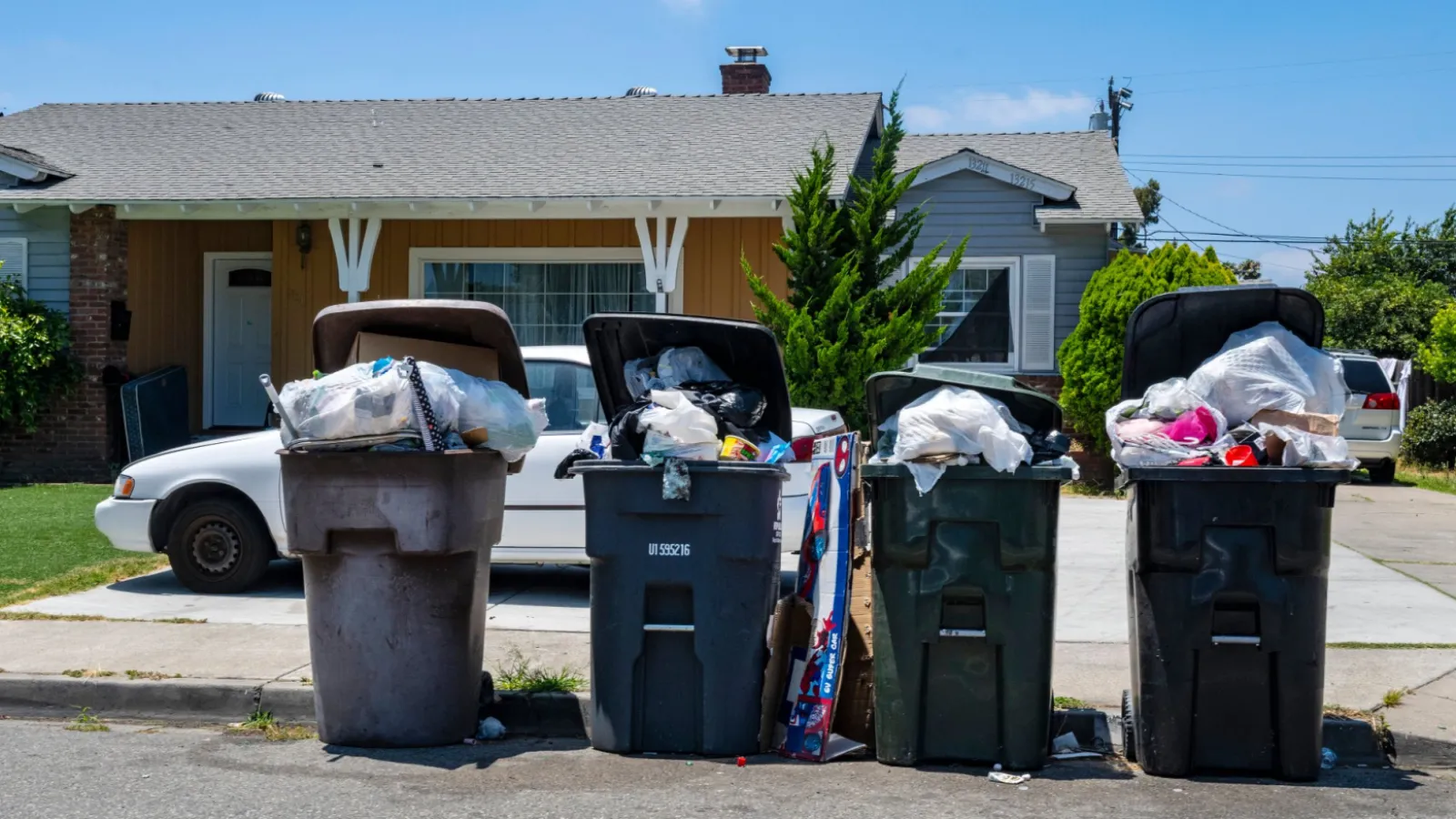 Overflowing trash bins before cleaning service