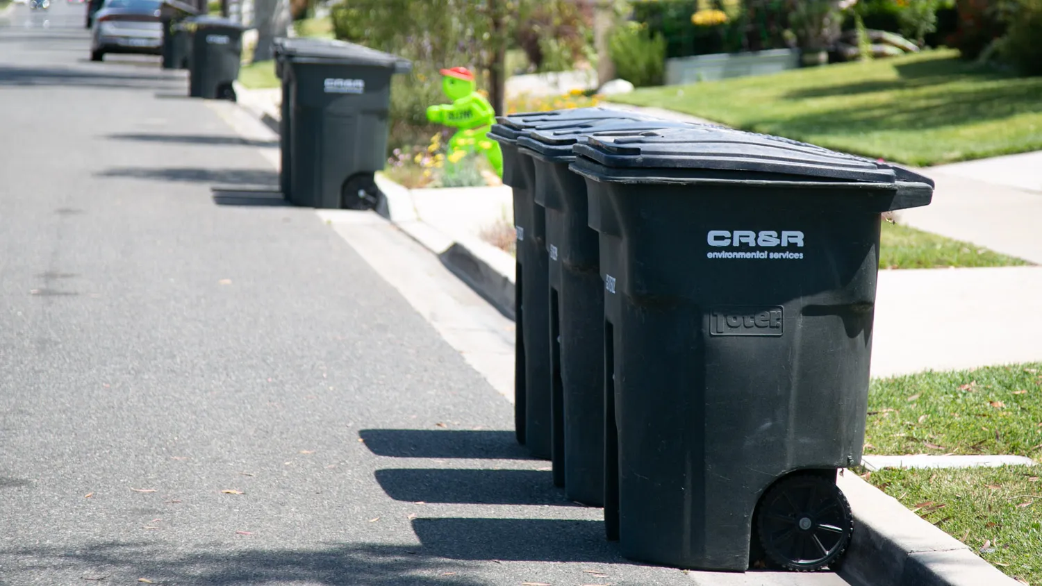 Clean trash and recycling bins lined up curbside in Mission Viejo, CA